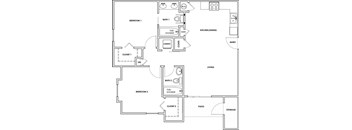 A floor plan of a two bedroom apartment with a living room, kitchen, and bathrooms.