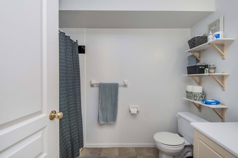 A bathroom with a toilet, sink, and shower area.