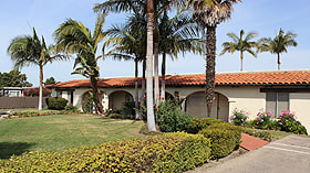 A house with a red tile roof and a palm tree in front.
