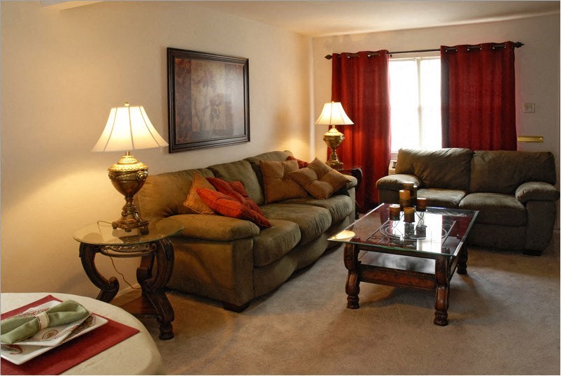 a living room with couches and a coffee table