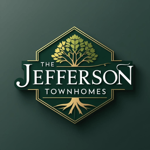 The logo for The Jefferson Townhomes features a tree with a brown trunk and green leaves.