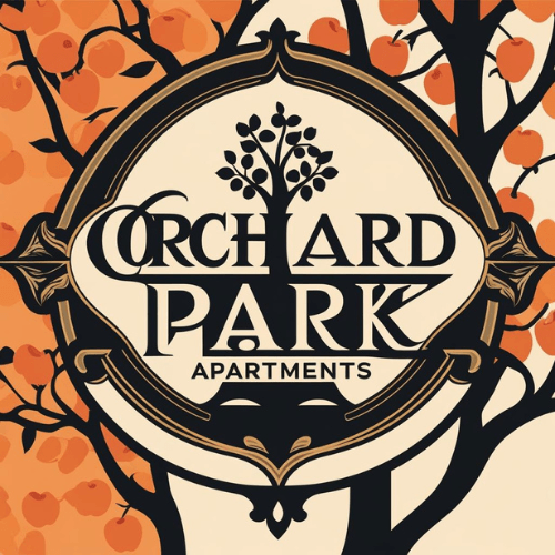 A logo for Orchard Park Apartments featuring a tree with fruit.