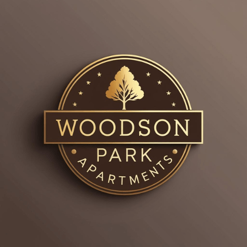 A logo for Woodson Park Apartments featuring a tree and stars.