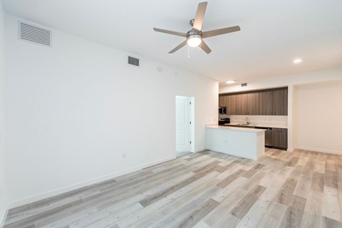 A room with a ceiling fan and lighting fixture.