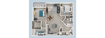A top-down view of a small apartment layout with a kitchen, living room, and bathroom.