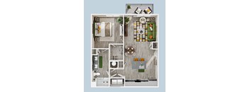 A top-down view of a small apartment with a kitchen, living room, and bathroom.