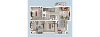 A detailed floor plan of a house showing all the rooms and their furnishings.