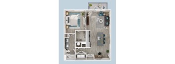 A top-down view of a small apartment layout with a kitchen, living room, and bathroom.