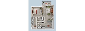 A top-down view of a small apartment layout with a kitchen, living room, and bathroom.