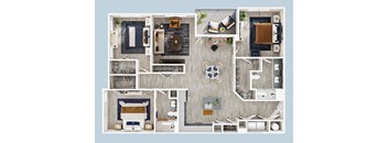 A top-down view of a house layout with a living room, kitchen, and bedrooms.