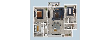A top-down view of a house layout with a kitchen, living room, and two bedrooms.