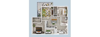A top-down view of a house layout with a kitchen, living room, and bathroom.