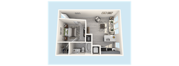 A 3D rendered image of a small apartment layout.
