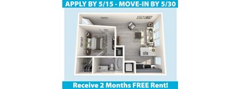 Apartment interior with a sign offering 2 months free rent.