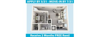 Apartment interior with a sign offering 2 months free rent.