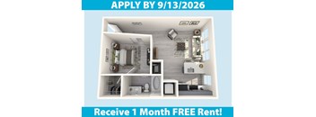 A poster advertising a free month's rent for an apartment if you apply by a certain date.