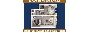 A poster advertising a move-in by September 15th, 2026 with a 1.5 month free rent offer.