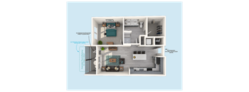 A 3D floor plan of a small apartment with a kitchen, living room, and bedroom.