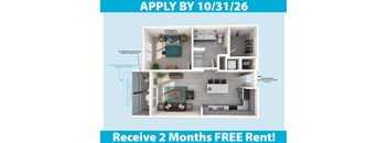 A poster advertising a 2 months free rent offer with a detailed floor plan of a property.