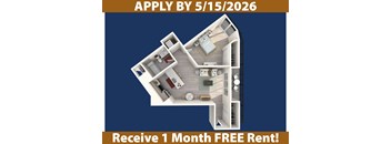 A poster advertising a free one month rent if you apply by 5/15/2026.