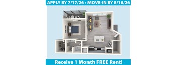 A 3D floor plan of an apartment with a kitchen, living room, and bathroom.