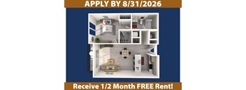 A poster advertising a free rent offer for a 1/2 month stay, with a deadline of 8/31/2026, and a detailed 3D floor plan of the apartment.