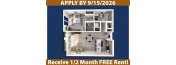 A poster advertising a free rent offer for a 1/2 month stay.