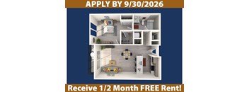 A poster advertising a free rent offer for a 1/2 month period if you apply by 9/30/2026.