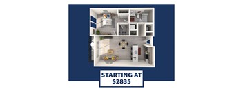 a 3d rendering of a floor plan starting at 825