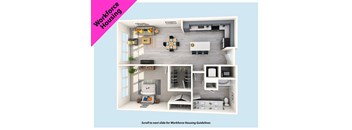 A slide showcasing a layout of a workforce housing apartment with a prompt to scroll for guidelines.