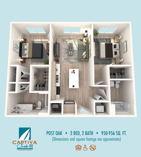 an image of a 3d floor plan for a post oak apartments floor plan