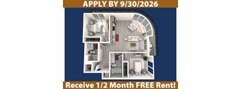 A poster advertising a free rent offer for the first half month if you apply by 9/30/2026.
