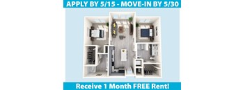Apartment interior with a sign offering a free month of rent.