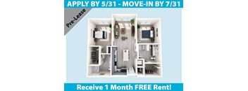 A poster advertising a one month free rent for a pre-lease apartment.