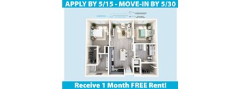 A graphic of a studio apartment layout with a sign offering a free month of rent.
