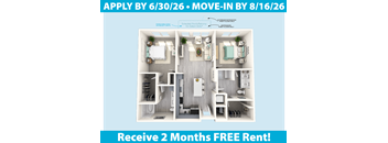 A promotional image for a free rent offer on a two-bedroom apartment.