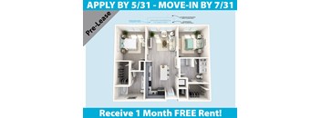 A poster advertising a 1 month free rent for a pre-lease apartment.