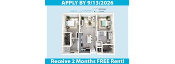 A promotional image for a housing project offering a free 2-month rent if you apply by 9/13/2026.