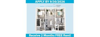 A promotional image for a housing project offering a free 2-month rent if you apply by a certain date.