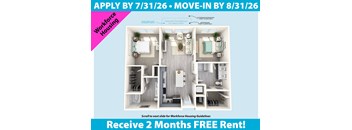 A flyer advertising Workforce Housing with an image of a small apartment and a promotion for 2 months free rent.
