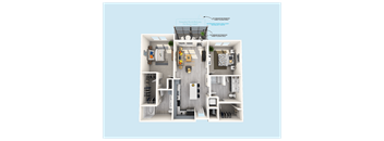 A 3D floor plan of a house with labeled rooms.
