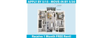 A poster advertising a 1 month free rent offer for an apartment with a detailed floor plan.
