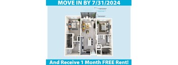 a poster showing a floor plan with bedrooms and baths and receive 1 month free rent