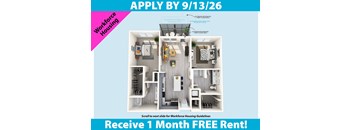 A poster advertising a free month's rent for workforce housing, with a deadline of September 13th.