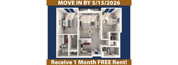 A poster advertising a free one month rent for a move in by 5/15/2026.