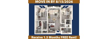 A poster advertising a move-in by August 15, 2026, with a 1.5 months free rent offer and images of a modern apartment interior.