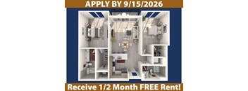 A poster advertising a free rent offer for a 1/2 month stay.
