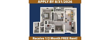Apartment interior with a call to apply by a specific date and a promotion for a free rental period.