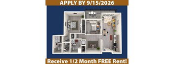 A promotional image for a free rent offer on a 1/2 month lease.
