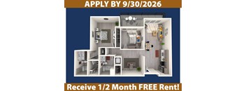 A promotional image for a free rent offer on a 1/2 month rental period.